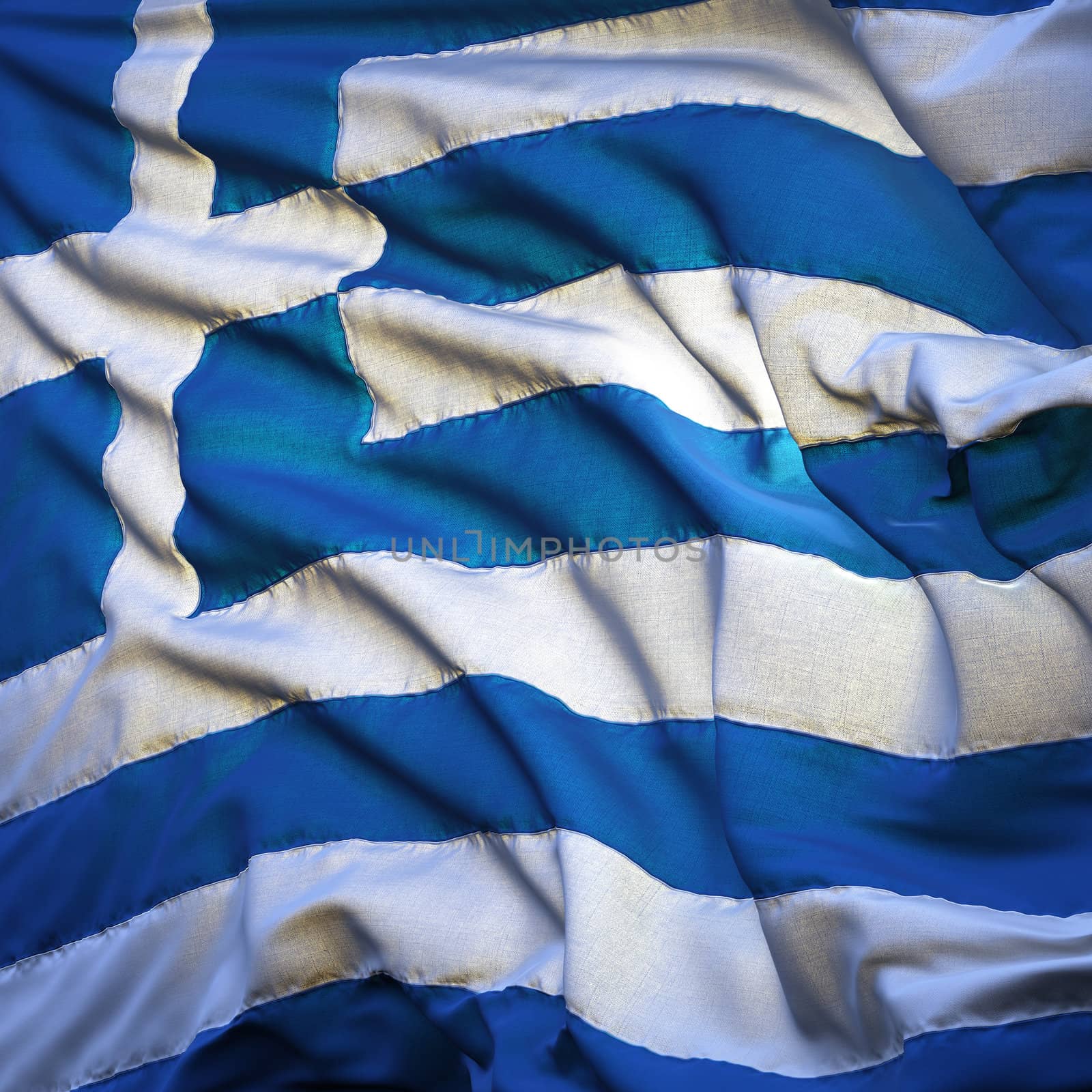 Flag of Greece, fluttering in the breeze, backlit rising sun. Sewn from pieces of cloth, a very realistic detailed state flag with the texture of fabric fluttering in the breeze, backlit by the rising sun light