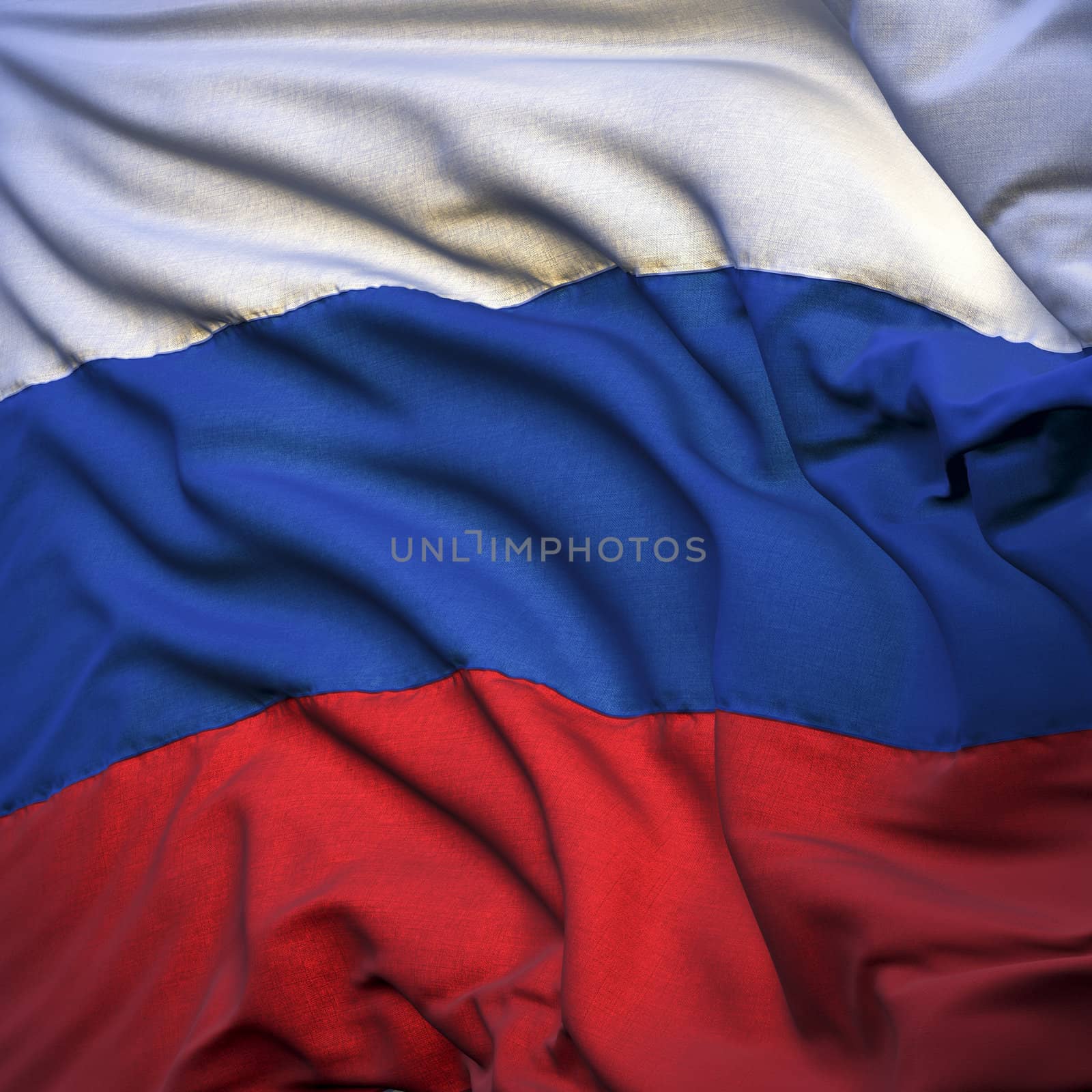 Russian flag, fluttering in the breeze, backlit rising sun. Sewn from pieces of cloth, a very realistic detailed state flag with the texture of fabric fluttering in the breeze, backlit by the rising sun light