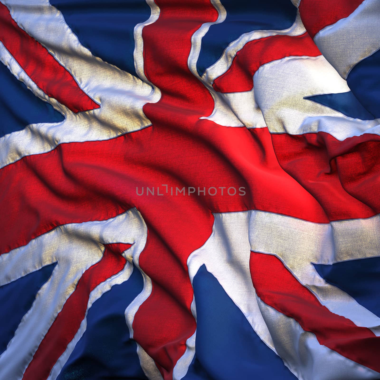 Flag of the United Kingdom, fluttering in the breeze, backlit rising sun. Sewn from pieces of cloth, a very realistic detailed state flag with the texture of fabric fluttering in the breeze, backlit by the rising sun light