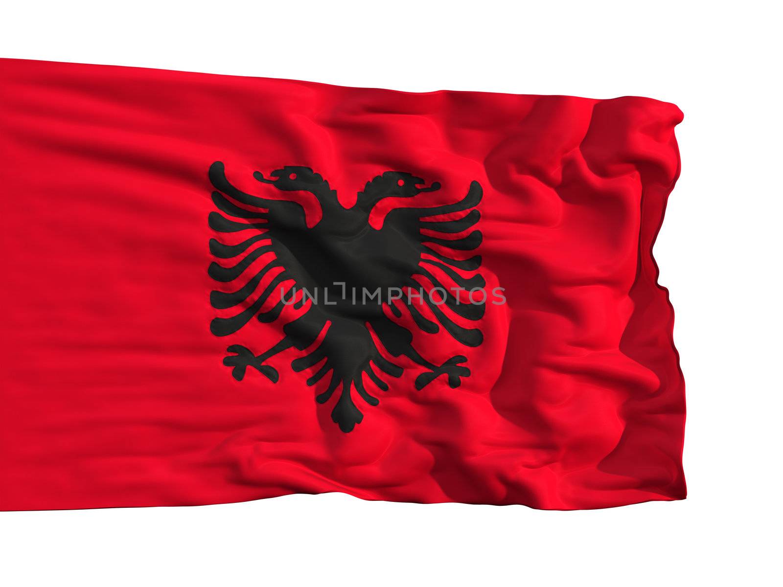 Flag of Albania, fluttering in the wind. Sewn from pieces of cloth, a very realistic detailed flags waving in the wind, with the texture of the material, isolated on a white background