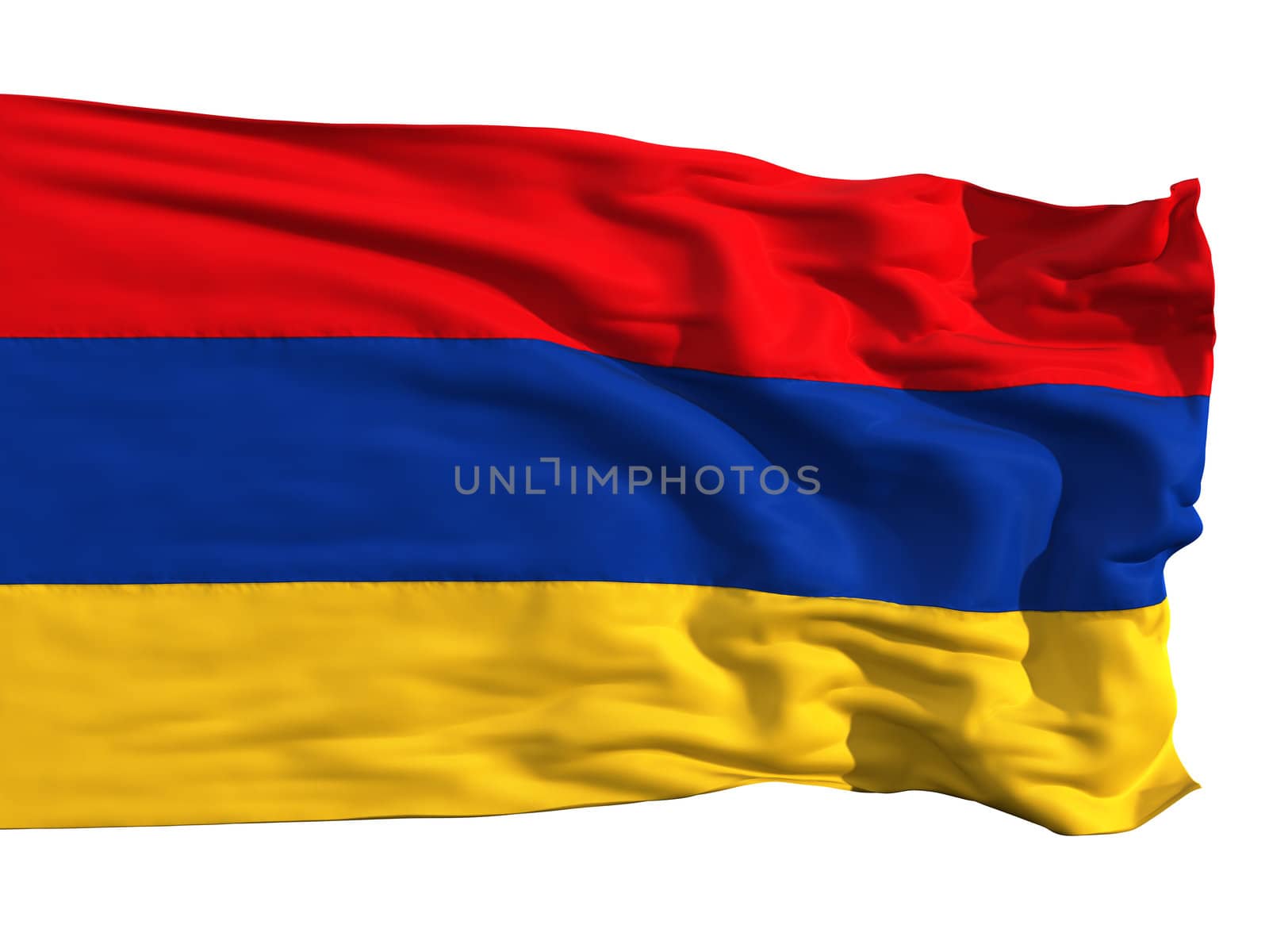 Armenian flag, fluttering in the wind. Sewn from pieces of cloth, a very realistic detailed flags waving in the wind, with the texture of the material, isolated on a white background