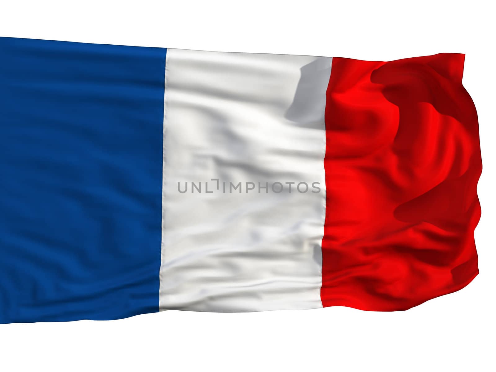 Flag of France, fluttered in the wind. Sewn from pieces of cloth, a very realistic detailed flags waving in the wind, with the texture of the material, isolated on a white background
