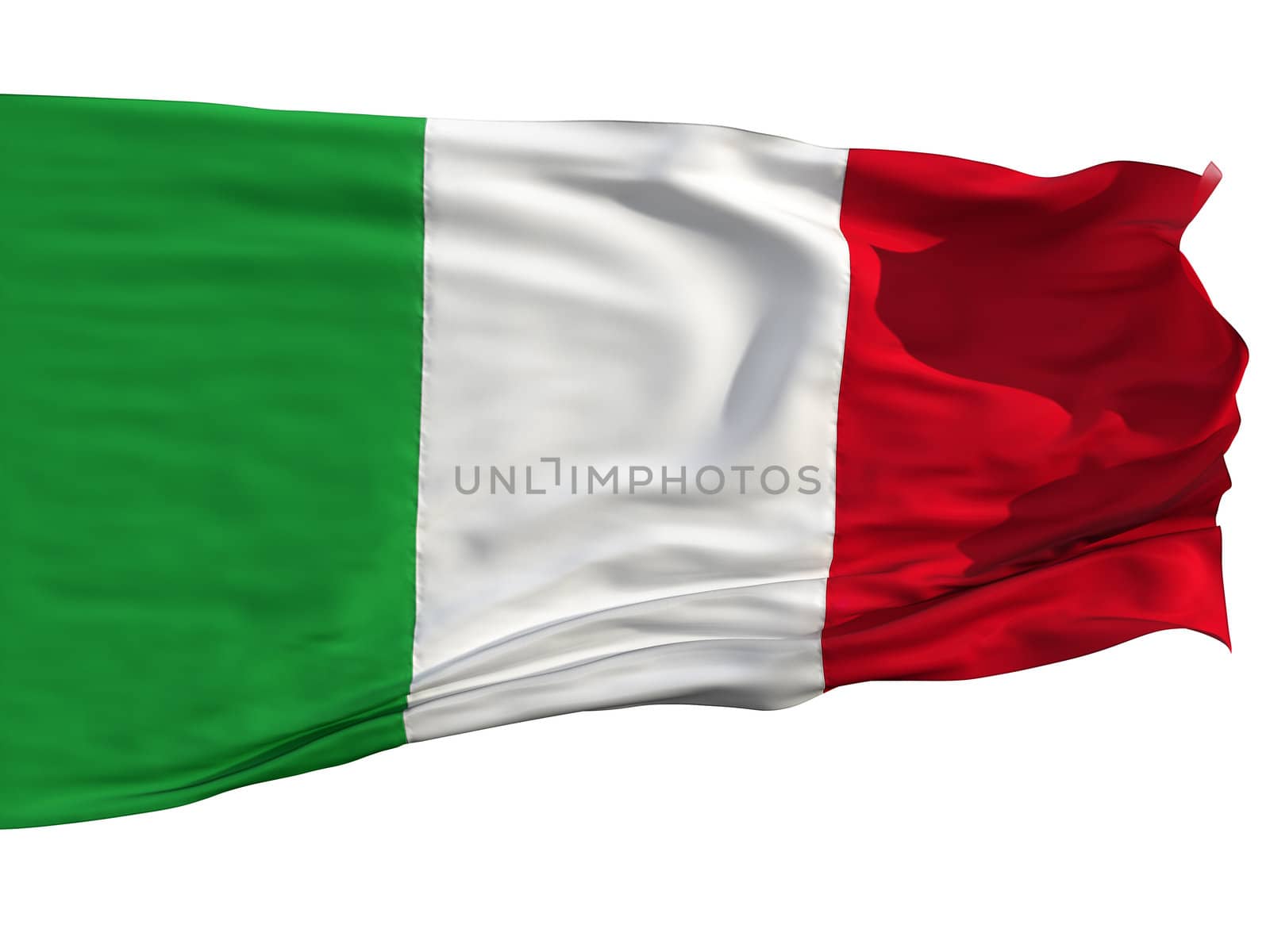 Flag of Italy, fluttered in the wind. Sewn from pieces of cloth, a very realistic detailed flags waving in the wind, with the texture of the material, isolated on a white background