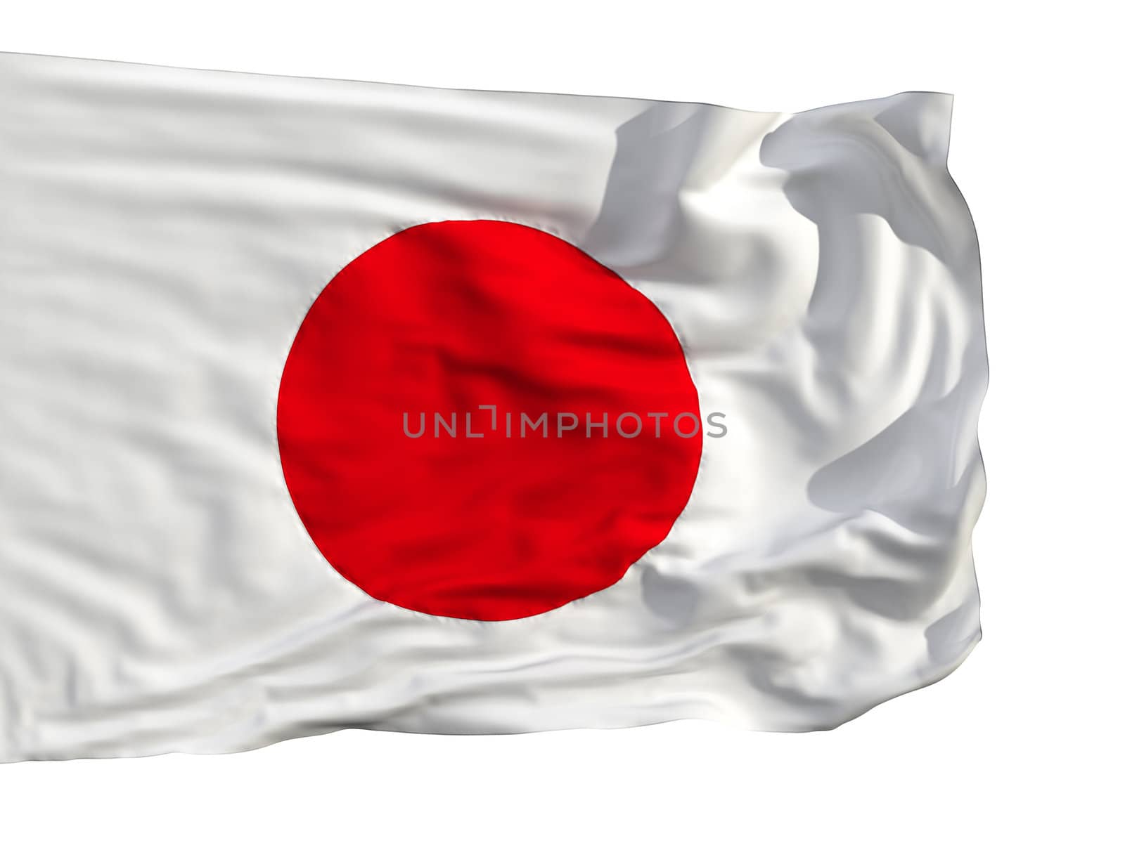 Flag of Japan, fluttered in the wind. Sewn from pieces of cloth, a very realistic detailed flags waving in the wind, with the texture of the material, isolated on a white background