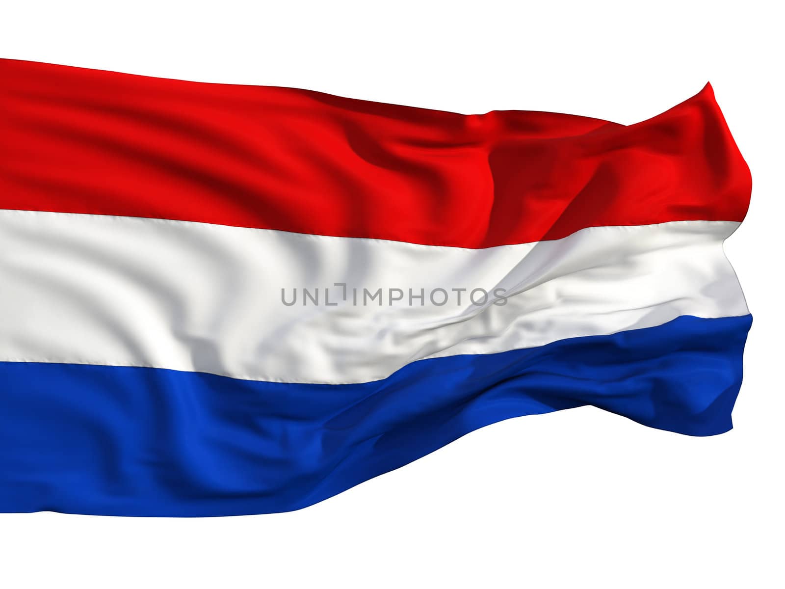 Flag of the Netherlands, fluttering in the wind. Sewn from pieces of cloth, a very realistic detailed flags waving in the wind, with the texture of the material, isolated on a white background