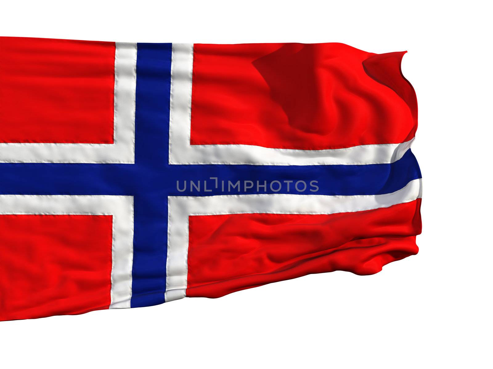 Norwegian flag, fluttering in the wind. Sewn from pieces of cloth, a very realistic detailed flags waving in the wind, with the texture of the material, isolated on a white background