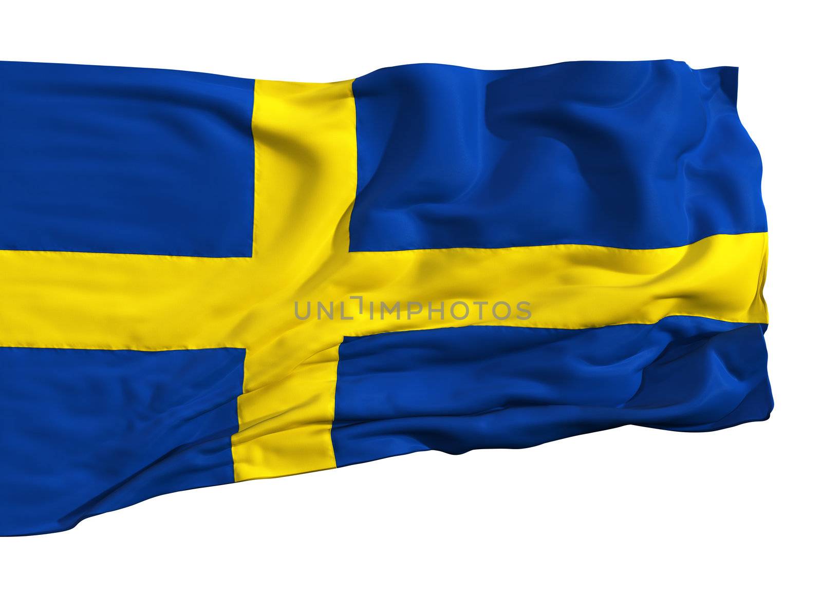 Flag of Sweden, fluttering in the wind. Sewn from pieces of cloth, a very realistic detailed flags waving in the wind, with the texture of the material, isolated on a white background