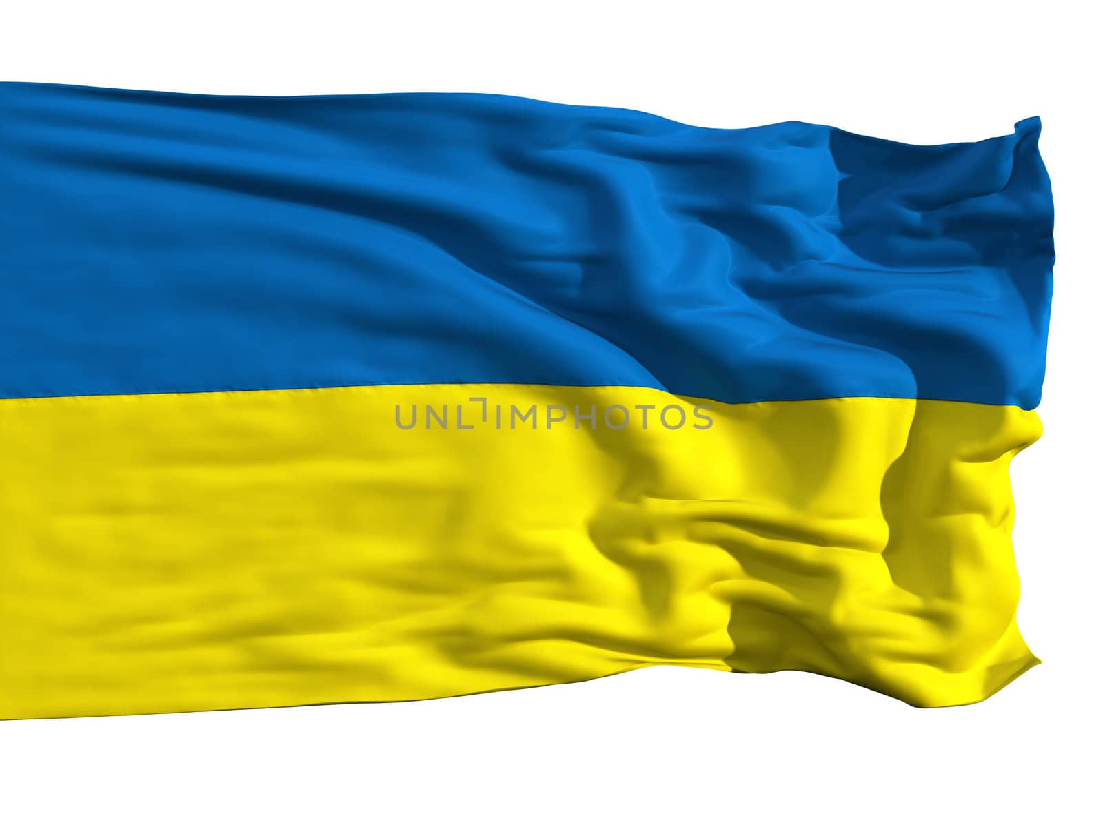 Ukrainian flag, fluttering in the wind. Sewn from pieces of cloth, a very realistic detailed flags waving in the wind, with the texture of the material, isolated on a white background