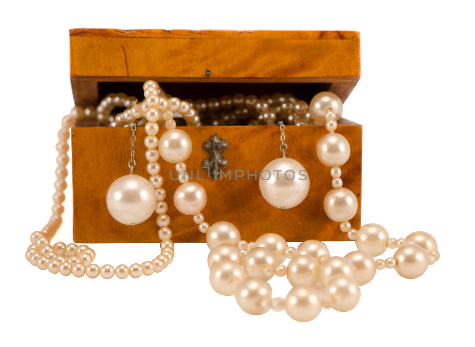 Pearl jewelry beads necklace earring in retro wooden box isolated on white