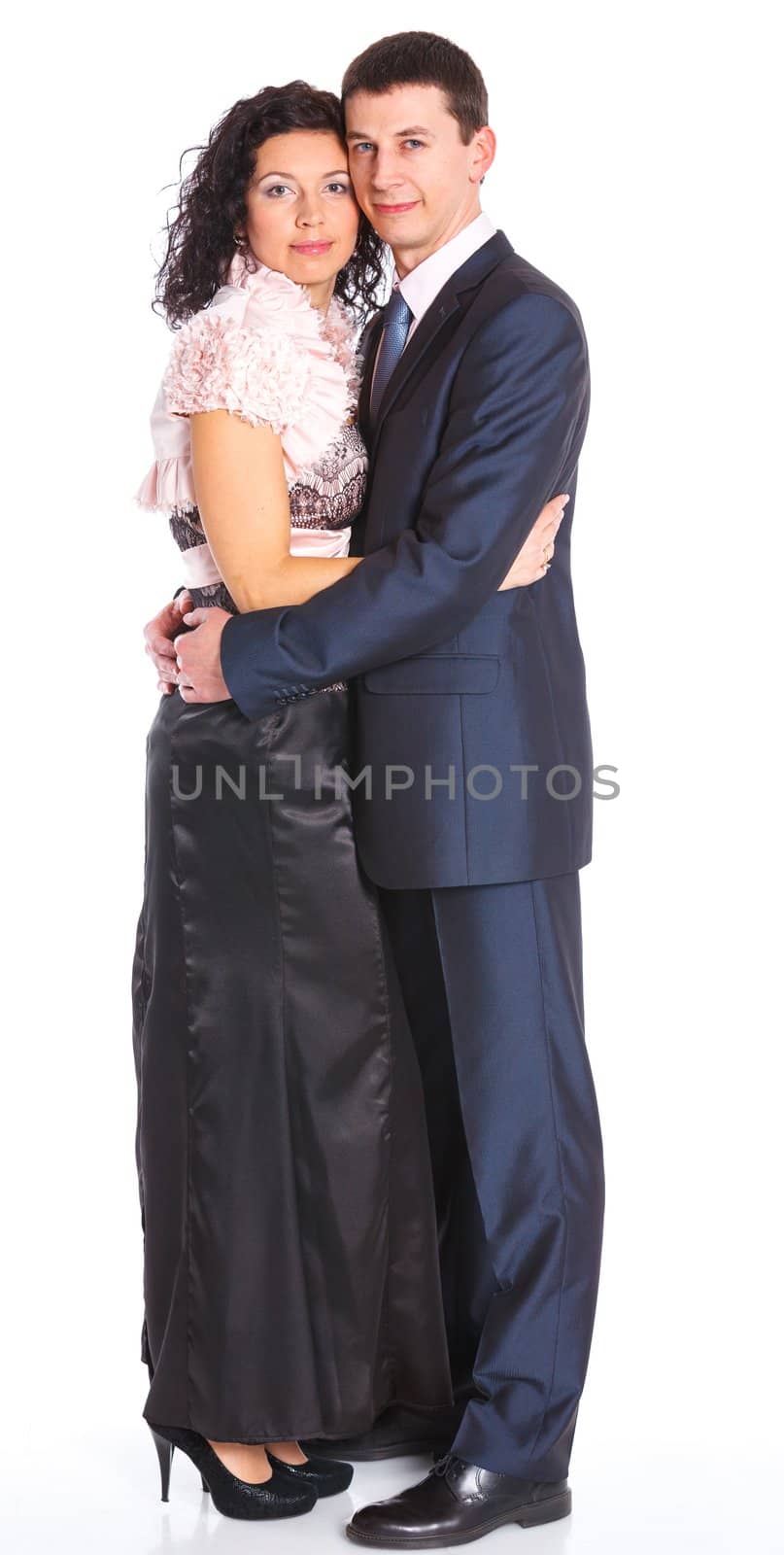 Sweet happy young couple smiling together. Isolated on white background