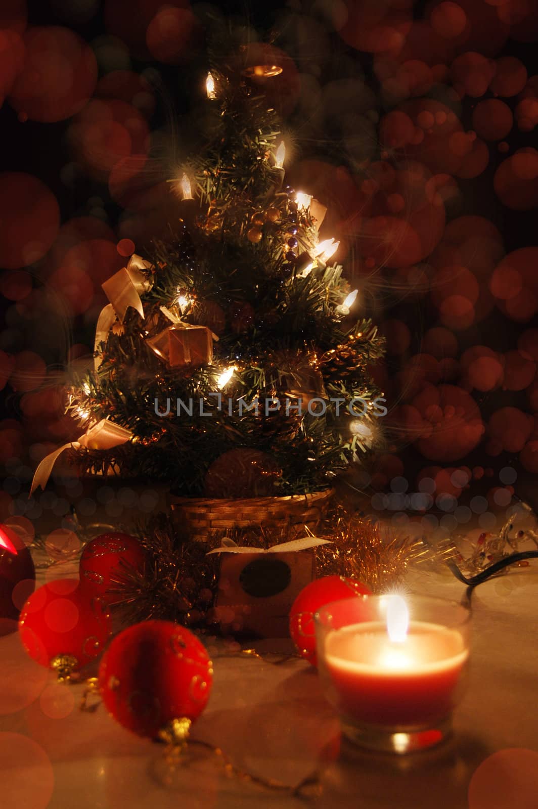 Christmas tree with lights and candles over black, tree in focus