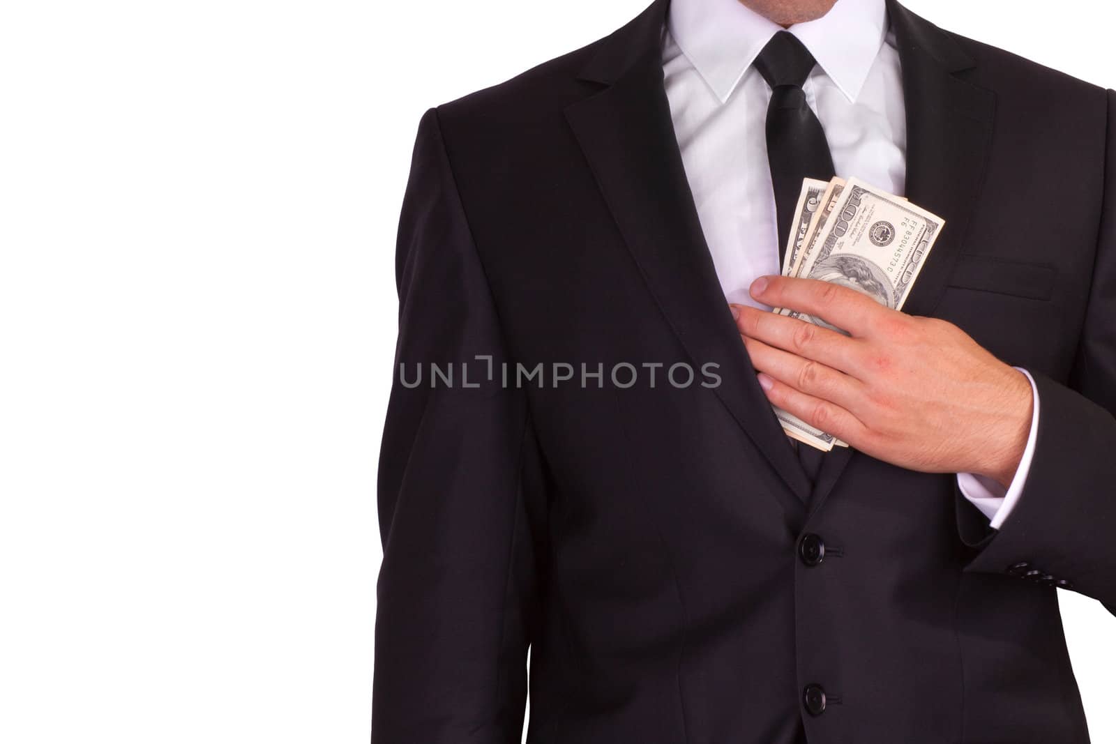 Businessman hiding money isolated on white background