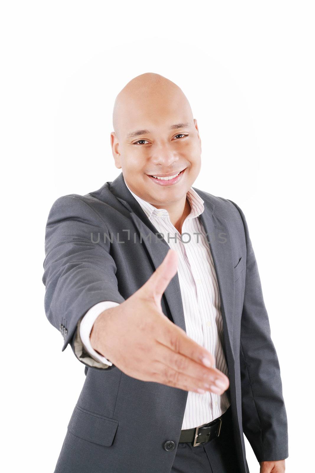 Portrait of an African American business man with an open hand ready to seal a deal