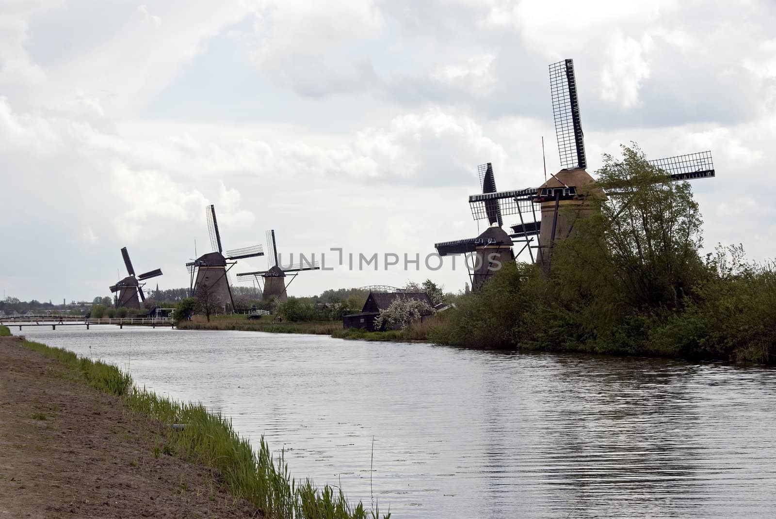 dutch windmills at famous place called kinderdijk