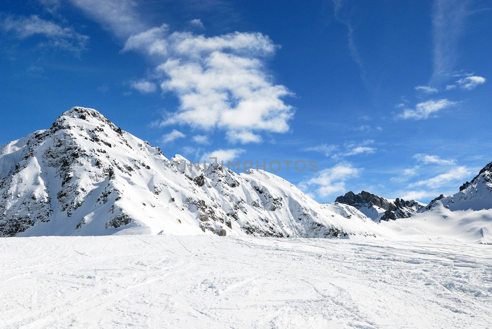 Alpine mountains under the snow in winter