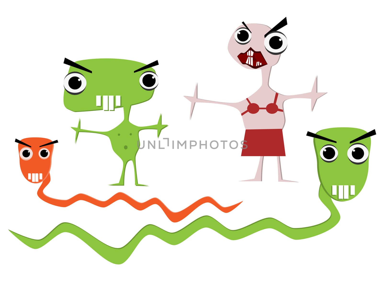 different cartoon monsters and sneakes, vector illustration