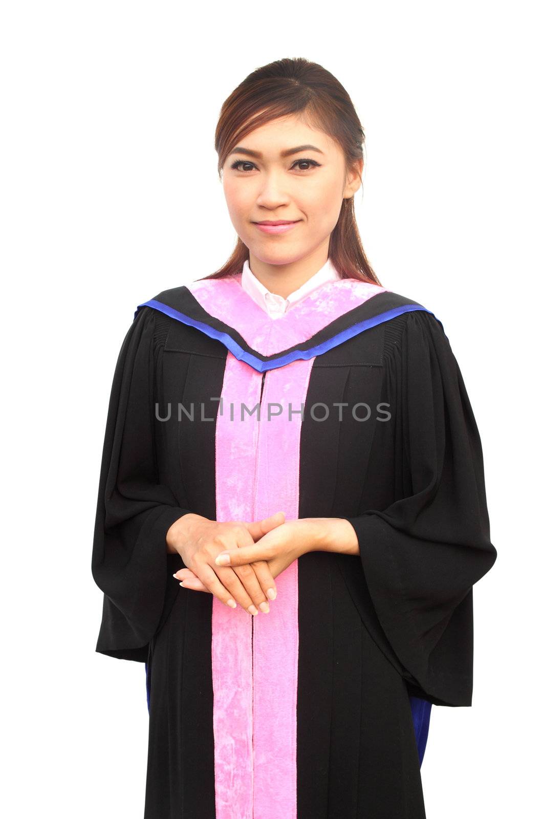 graduation women with degree suit on white background