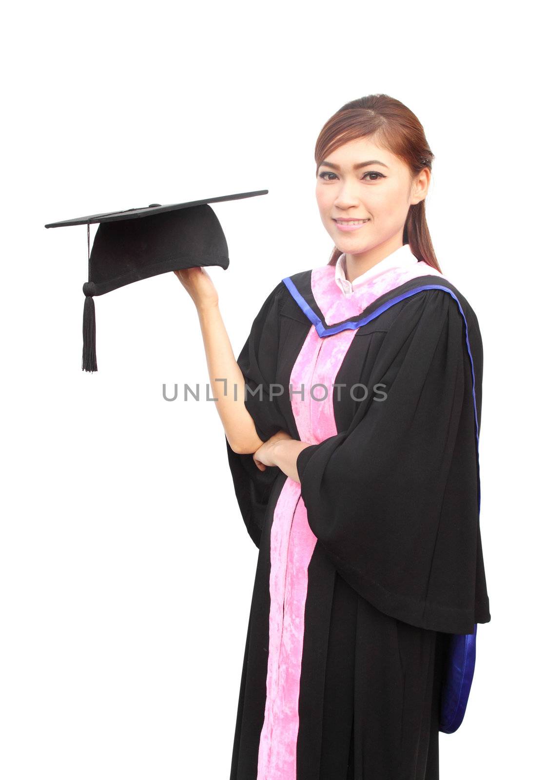 woman with graduation cap and gown on white background