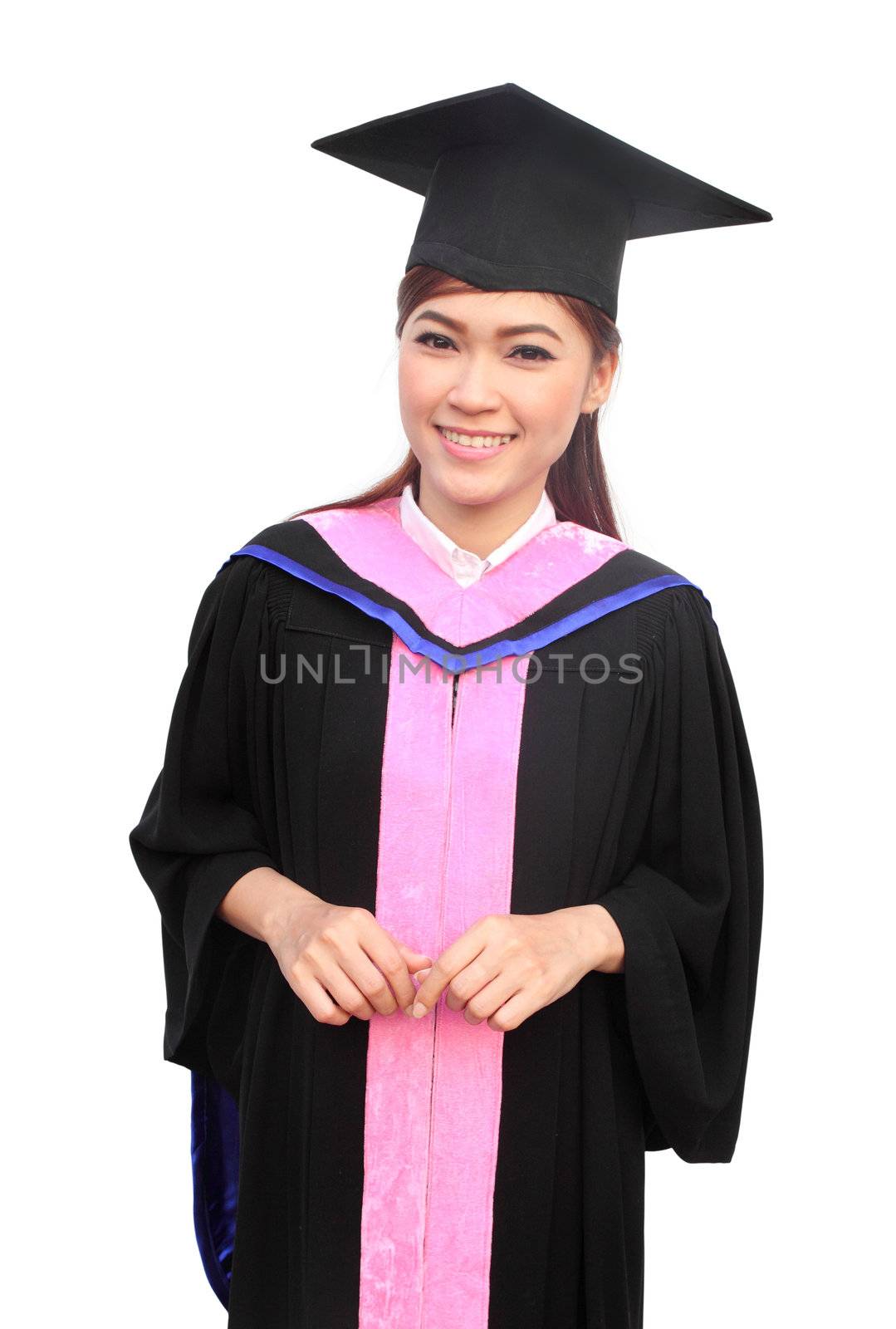 woman with graduation cap and gown on white background