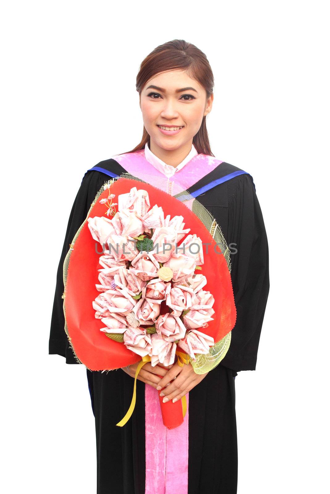 graduation women wear degree suit with money flower