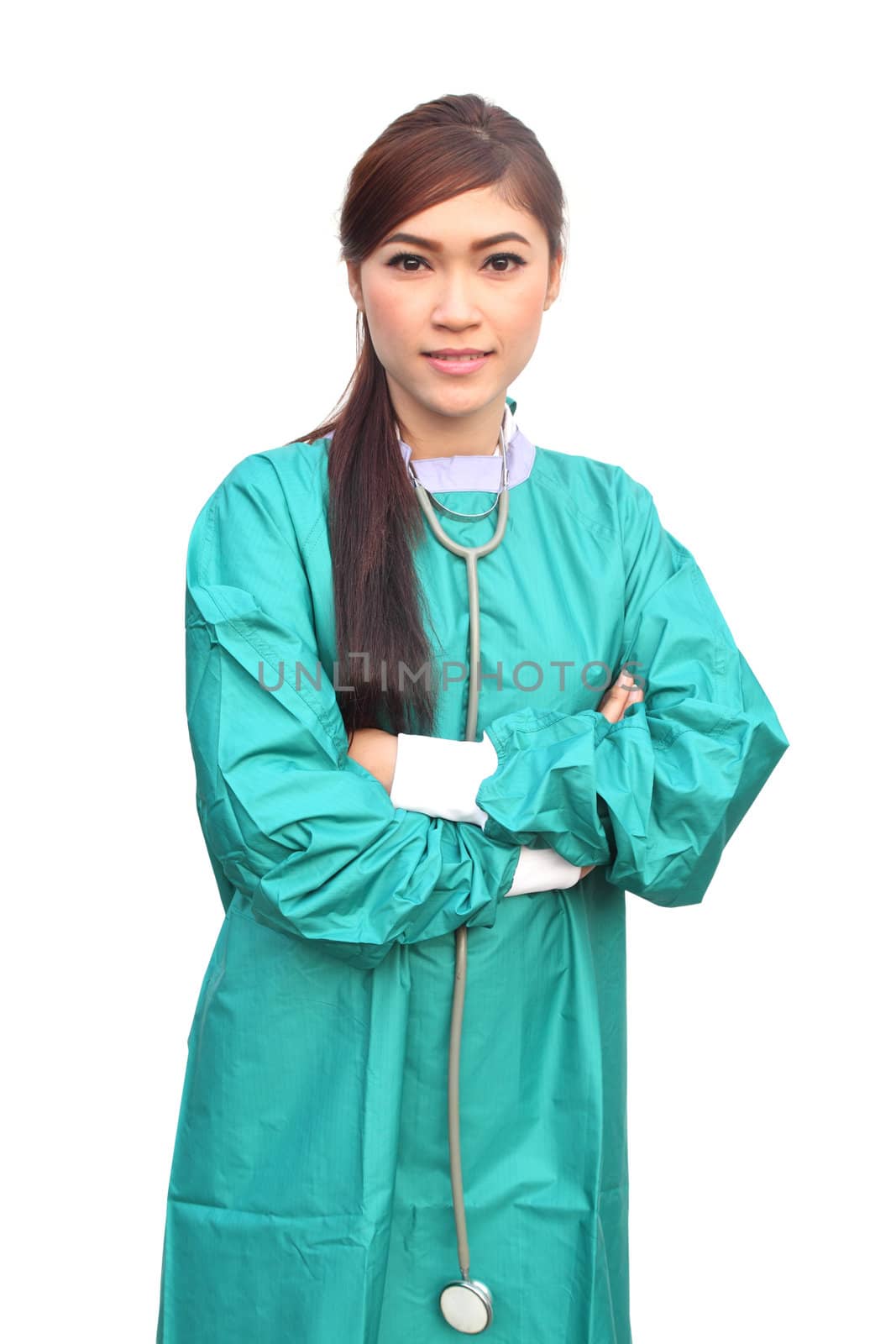 female doctor wearing a green scrubs and stethoscope on white background