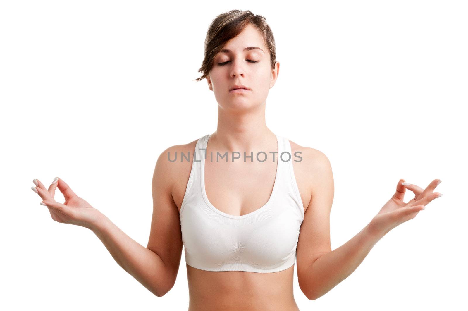 Woman doing yoga isolated on a white background