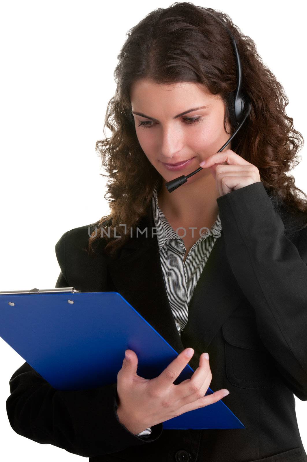 Corporate woman talking over her headset, isolated in a white background