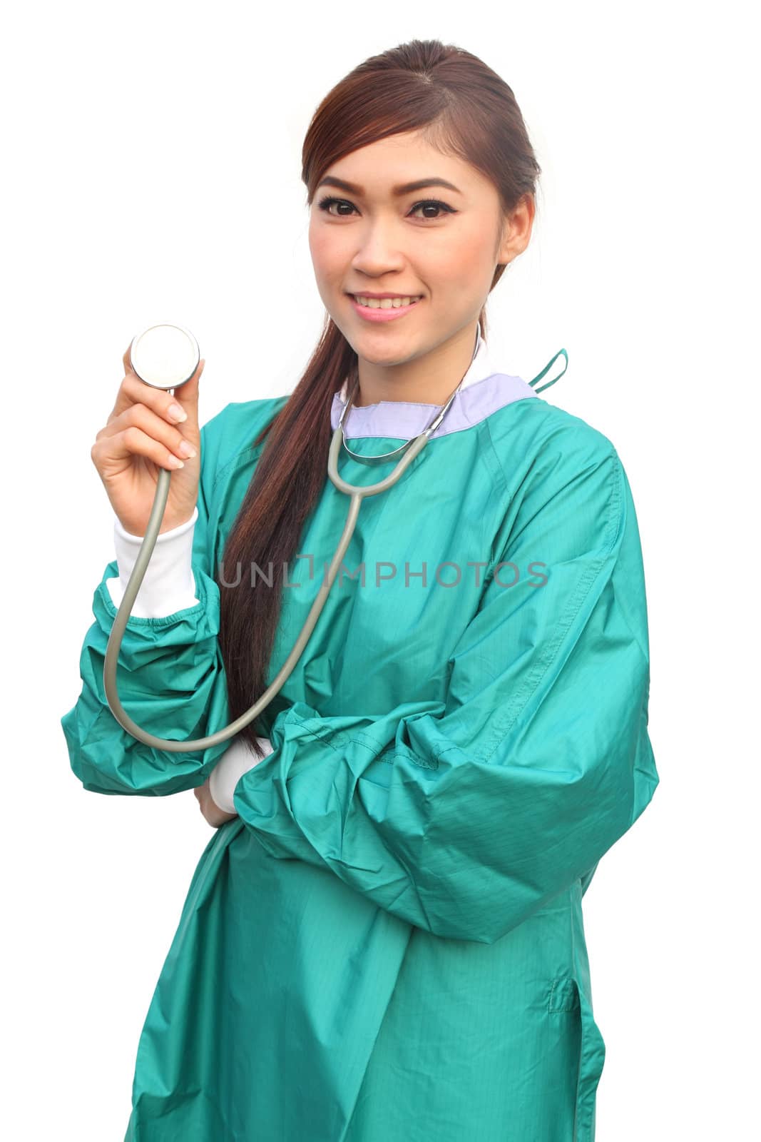 female doctor wearing a green scrubs and stethoscope on white background