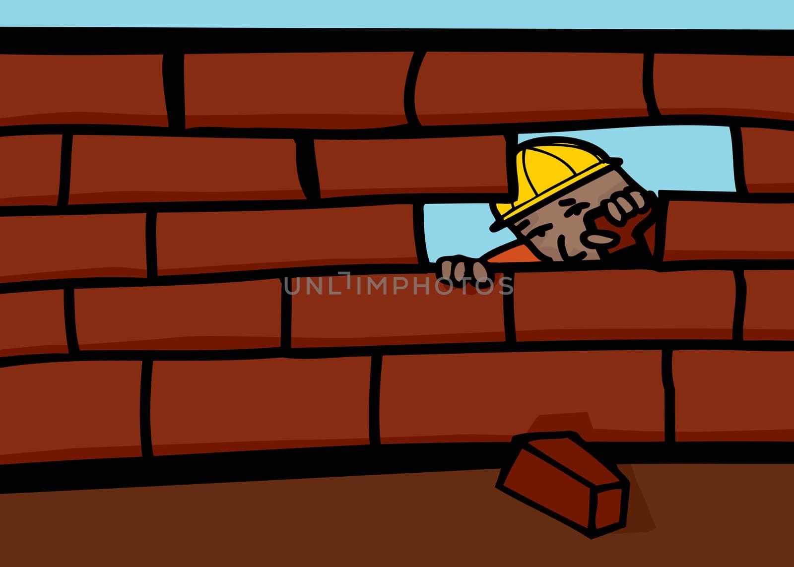 Bricklayer peeking through hole in brick wall