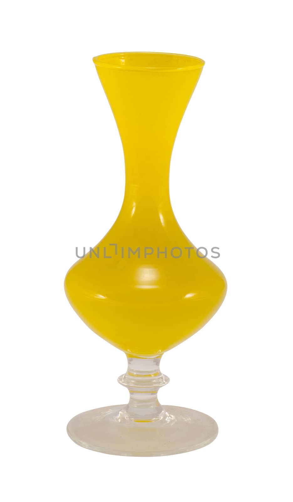 Retro glass yellow vase isolated on white. Old decorative object.
