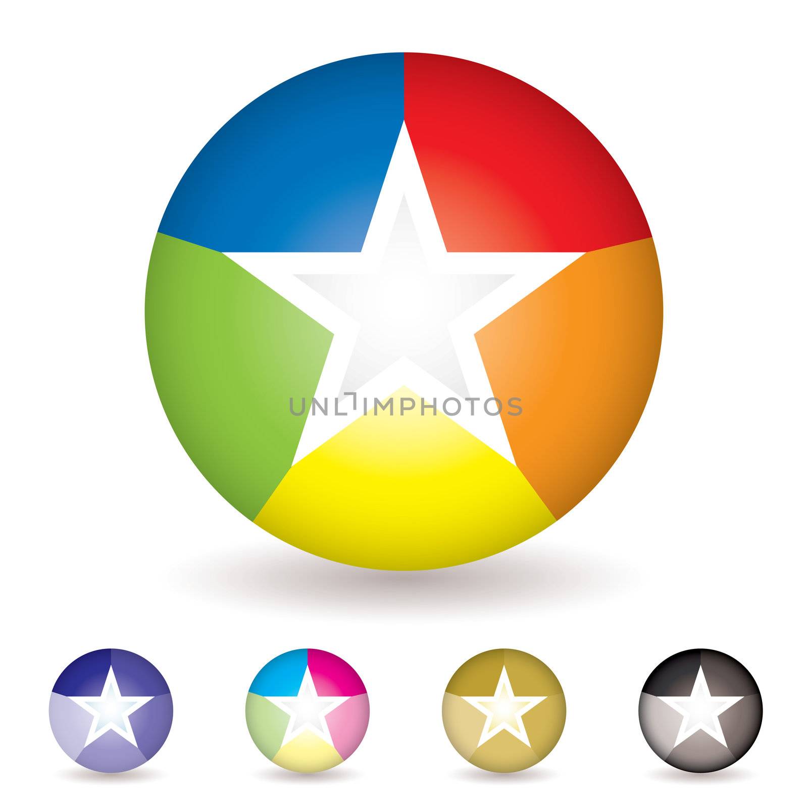 Collection of five bright colourful beach ball icons with rainbow effect