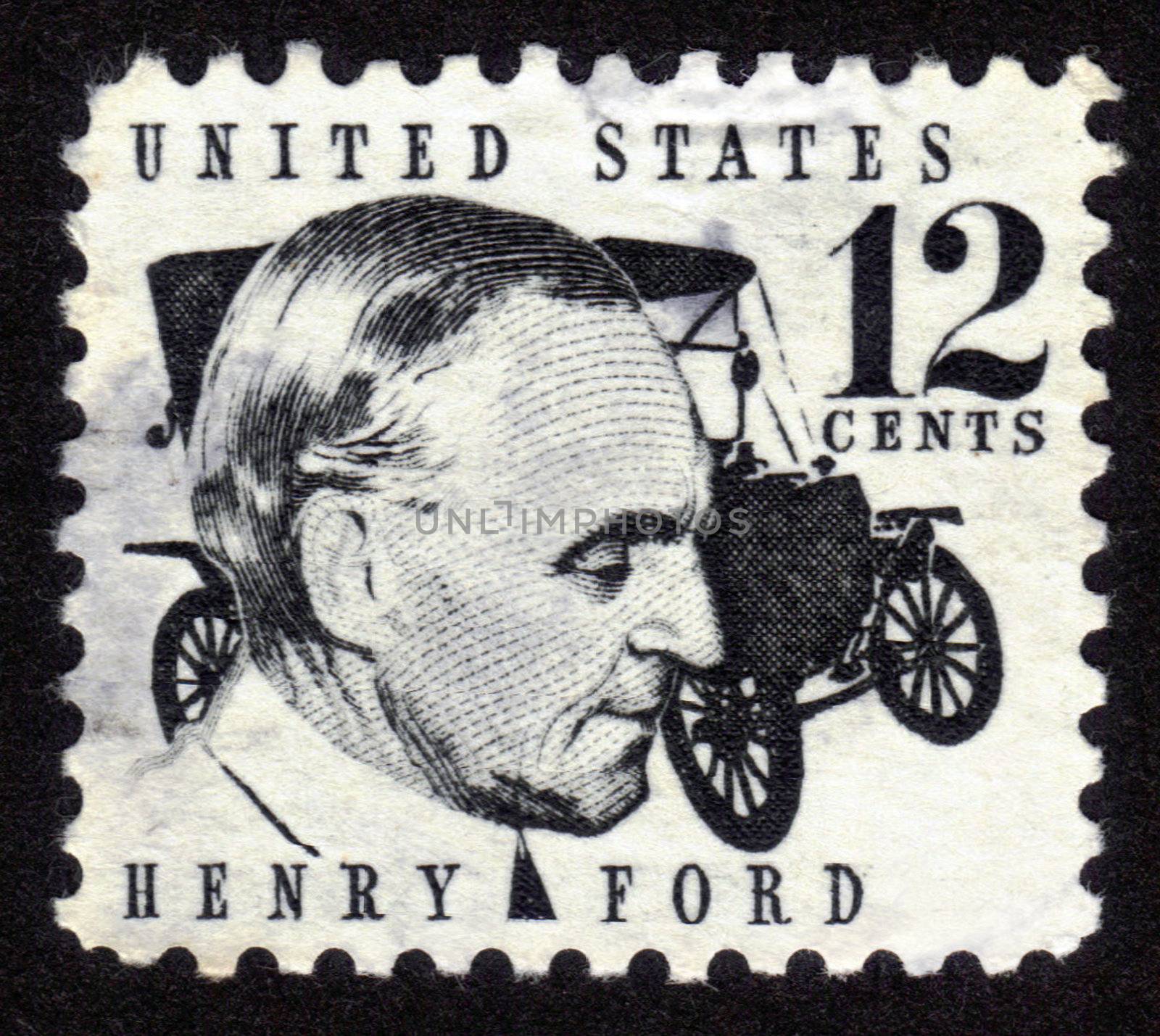 USA - CIRCA 1970: A stamp shows image portrait Henry Ford (1863 - 1947) and car Ford Model T was a prominent American industrialist, the founder of the Ford Motor Company, circa 1970.