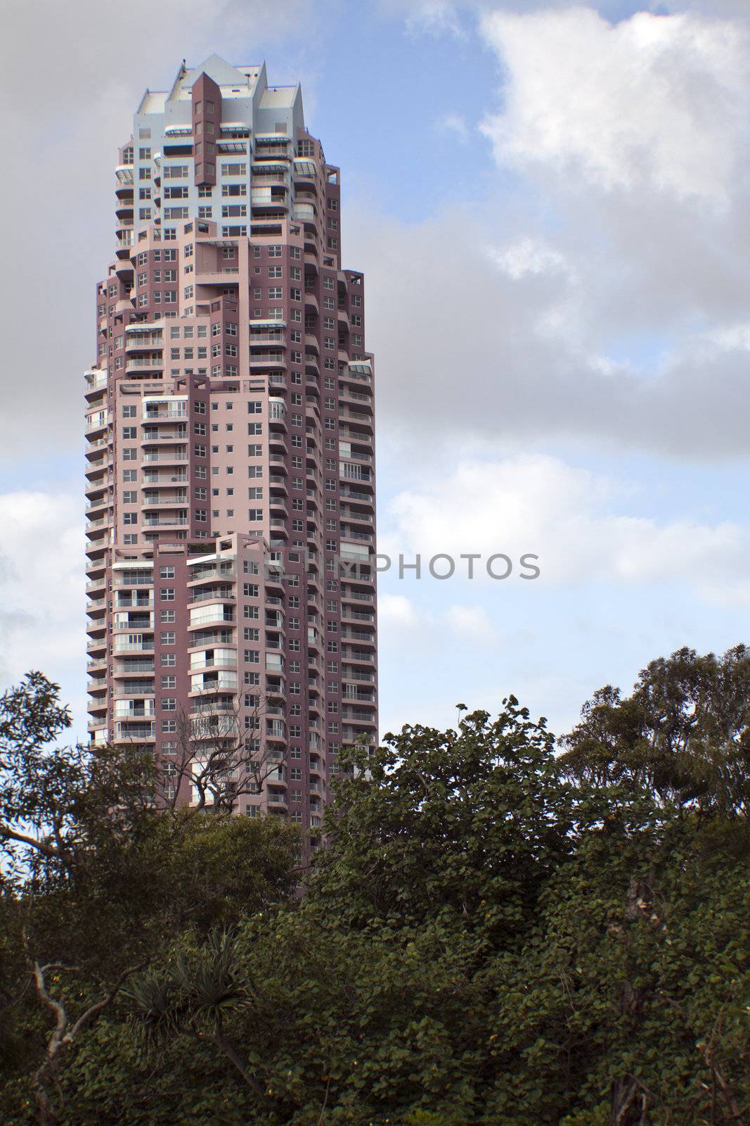 Tall pink apartment building in Australia