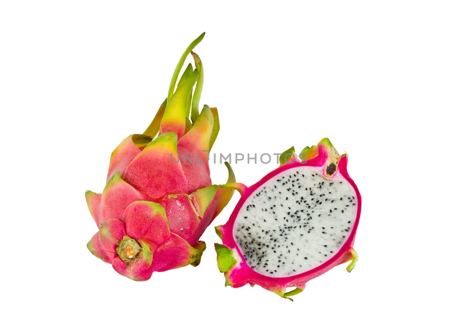 A BRIGHTLY COLORED DRAGON FRUIT AGAINST WHITE BACKGROUND