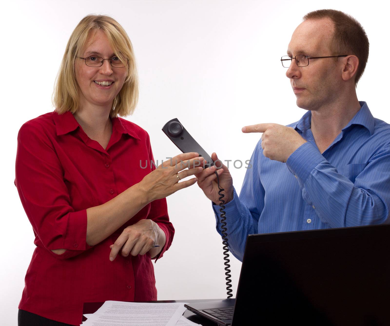 Two business people working