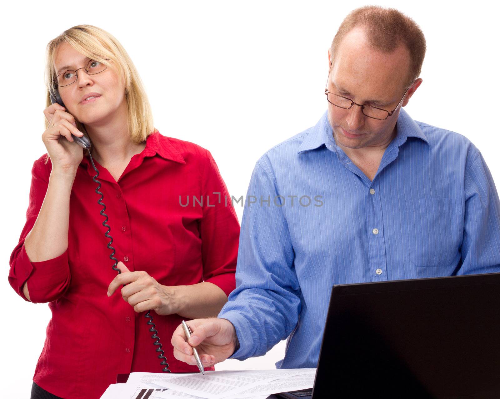 Two business people working