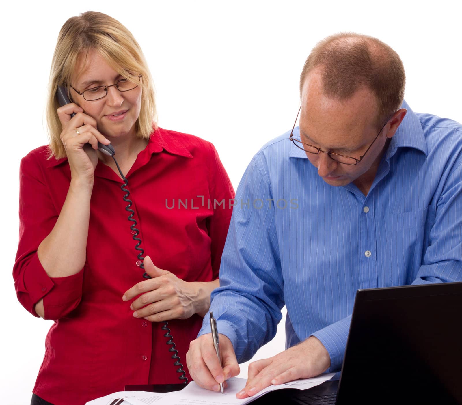 Two business people working