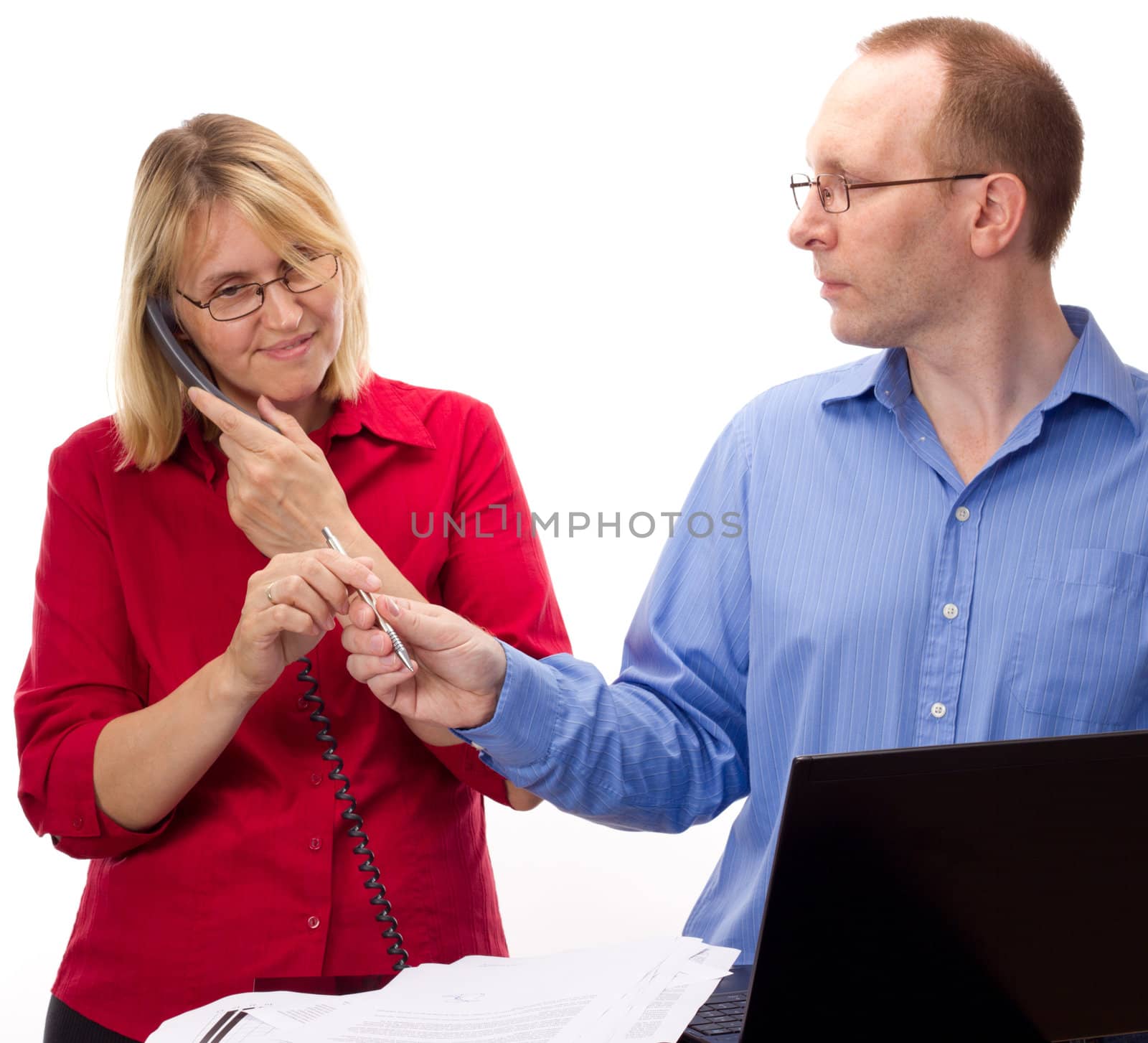 Two business people working