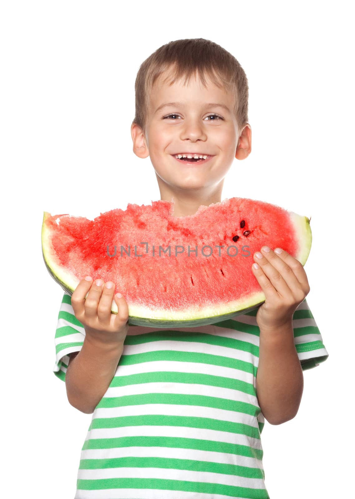 Boy holding a watermelon isolated on white background