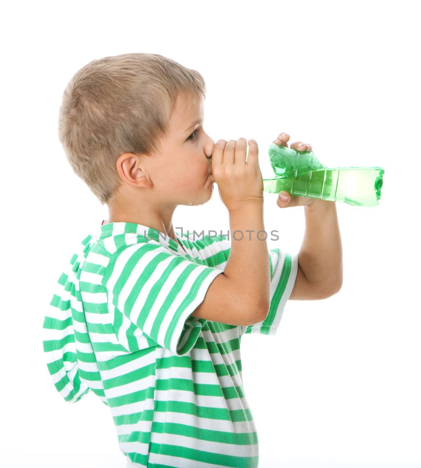 Boy drinking water isolated on white background