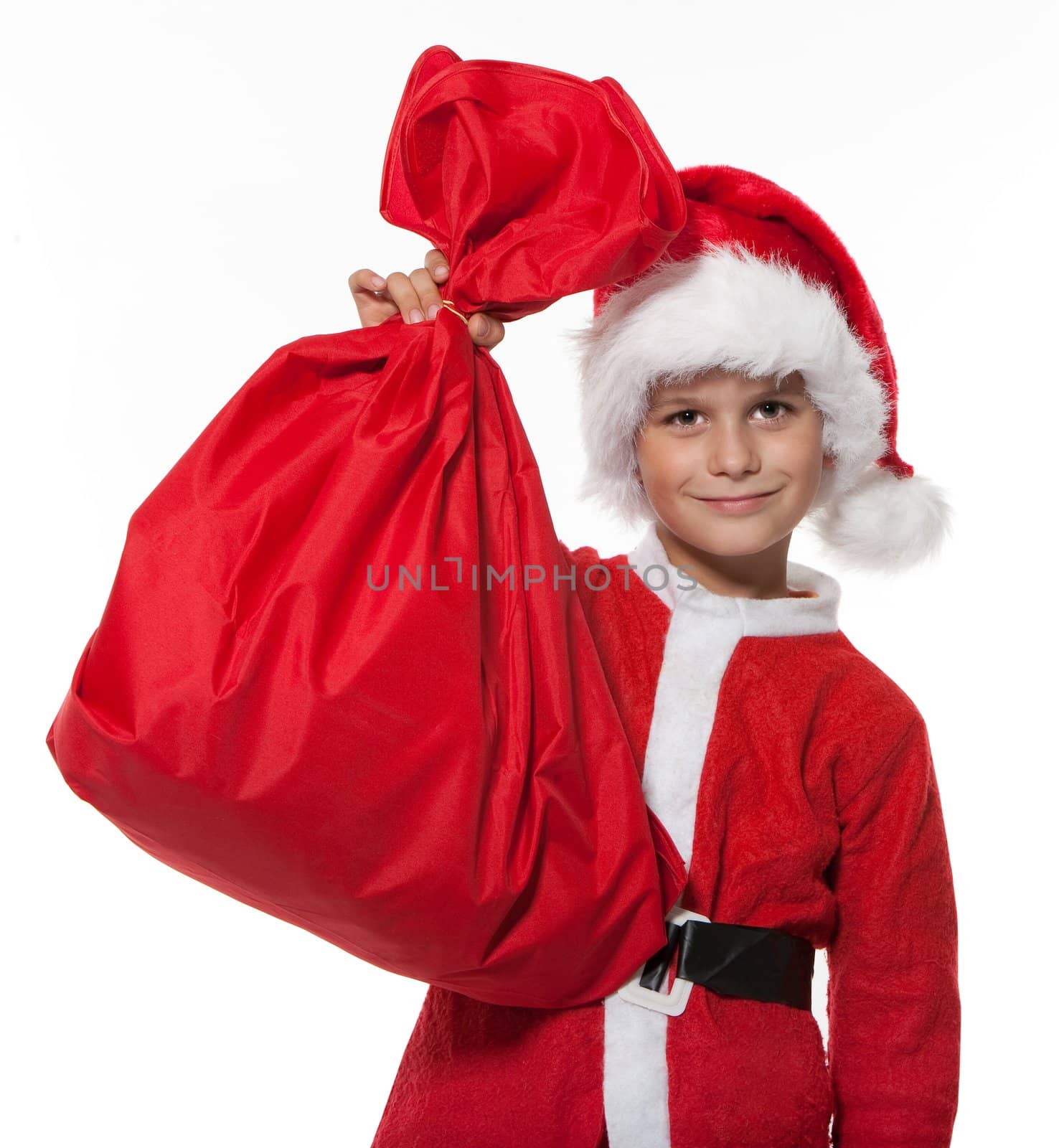 Boy holding a sack isolated on white background