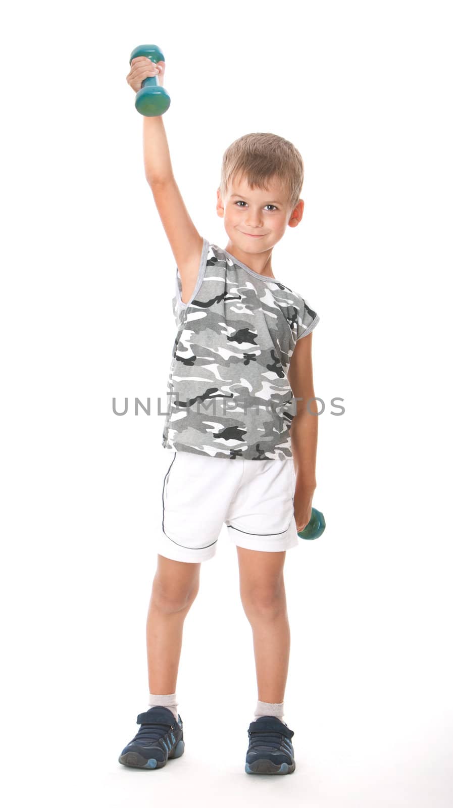 Boy holding dumbbells isolated on white background