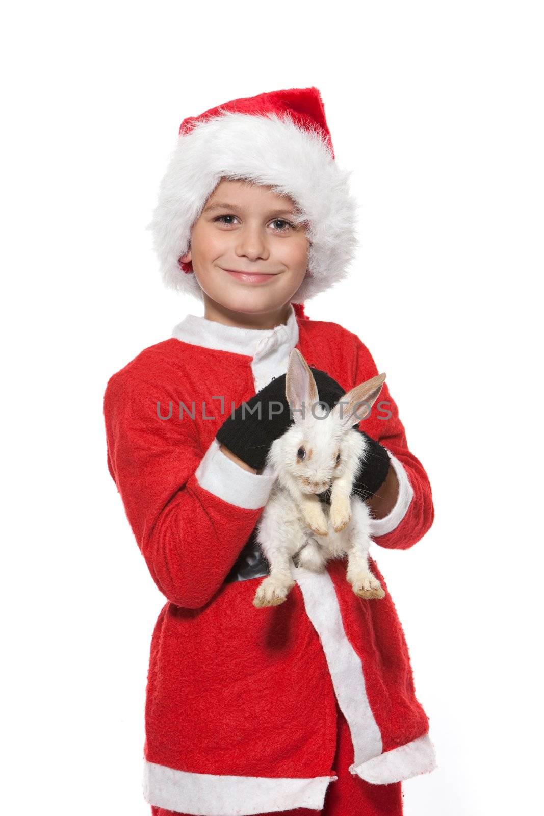 Boy holding a christmas rabbit isolated on white background