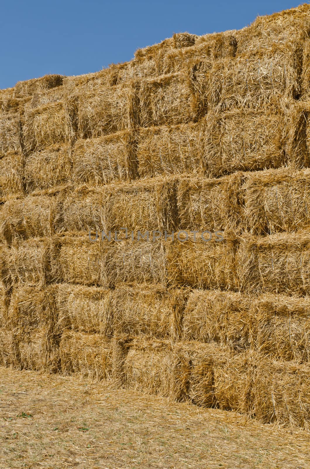 a stack of hay bales, vertical shot