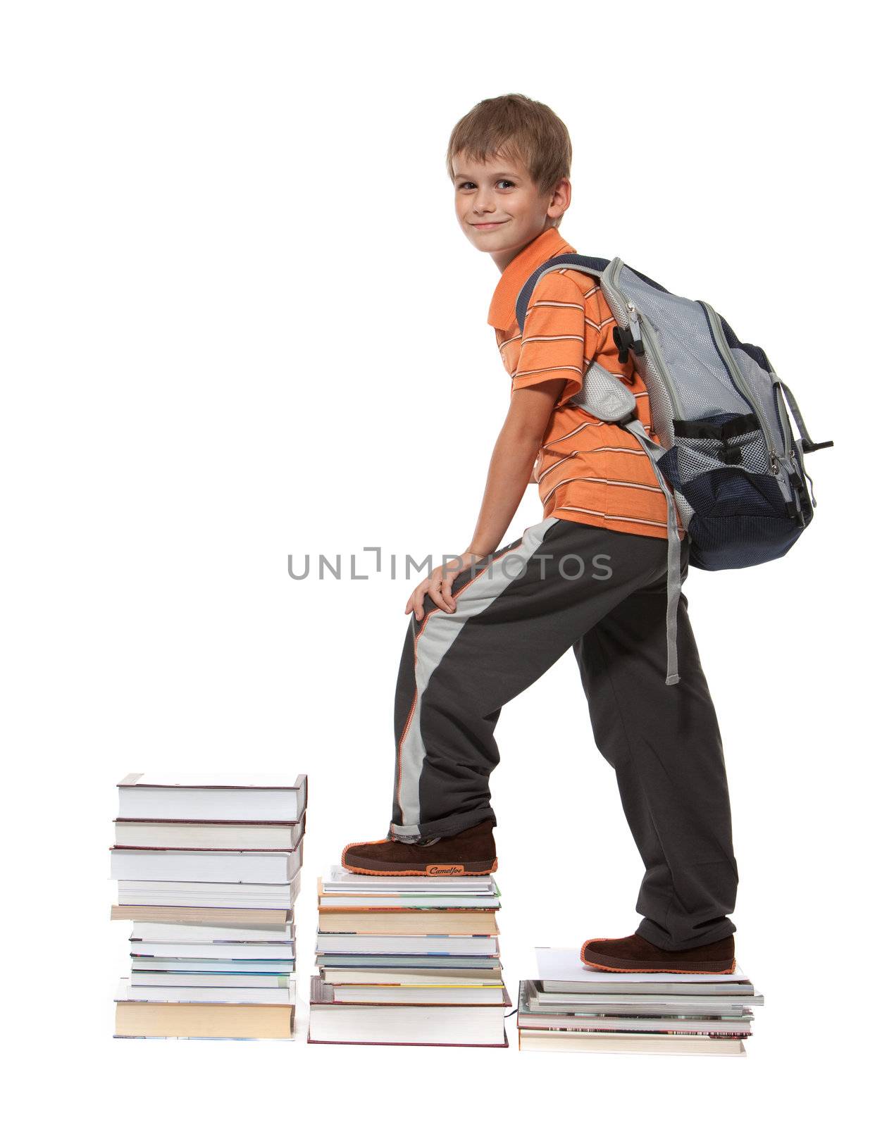Education success graph - successful schoolboy isolated on white background