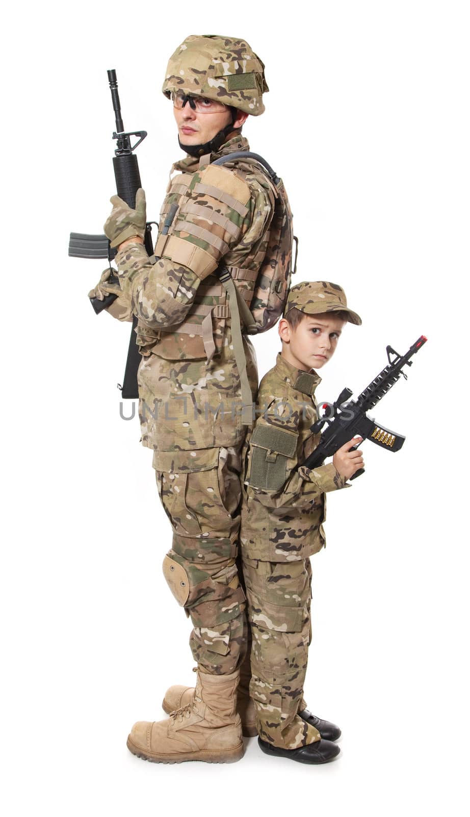 Military Father and Son isolated on white background