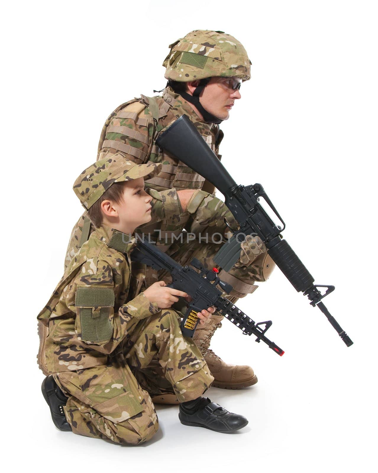 Military Father and Son isolated on white background