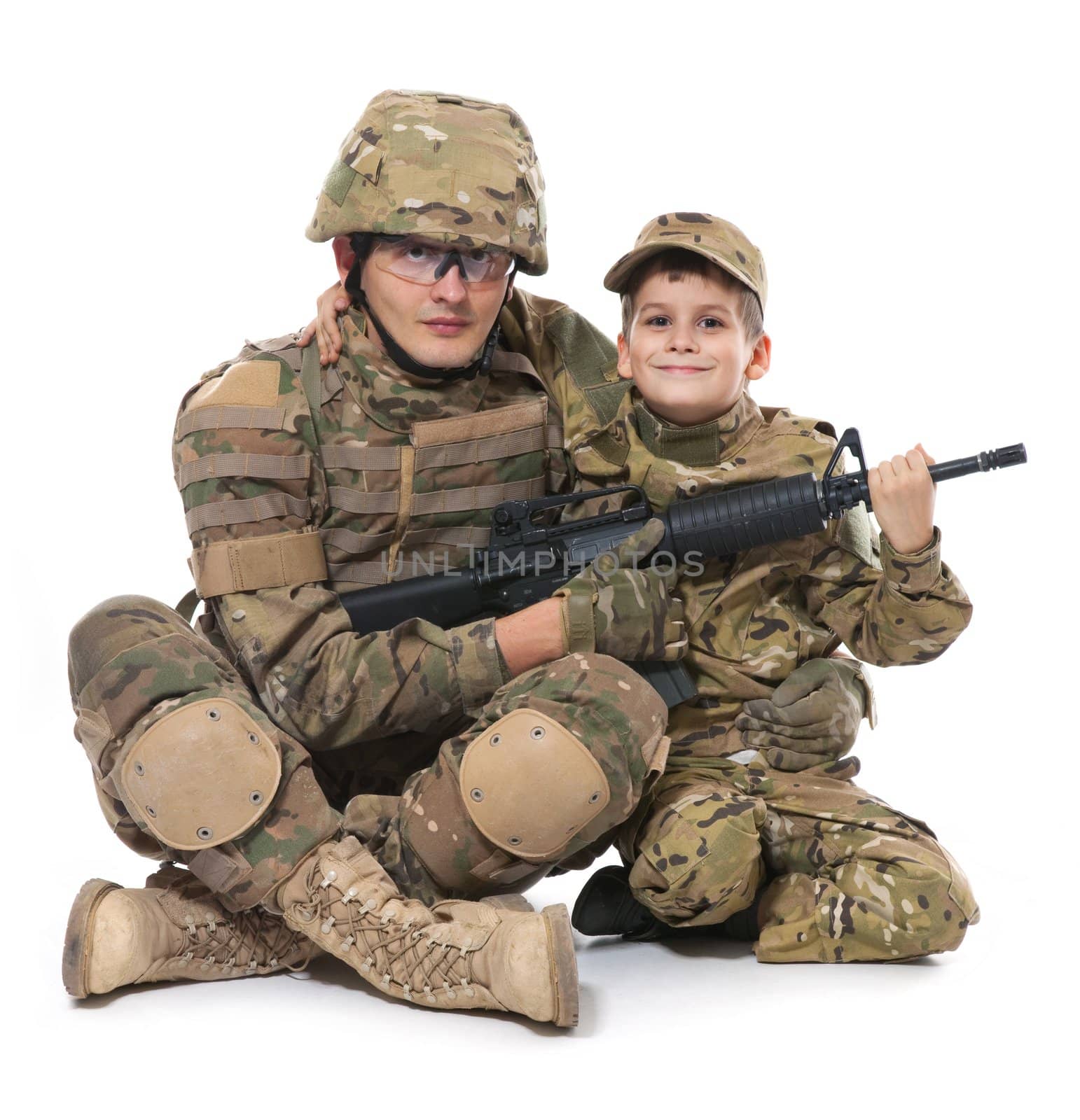 Military Father and Son isolated on white background