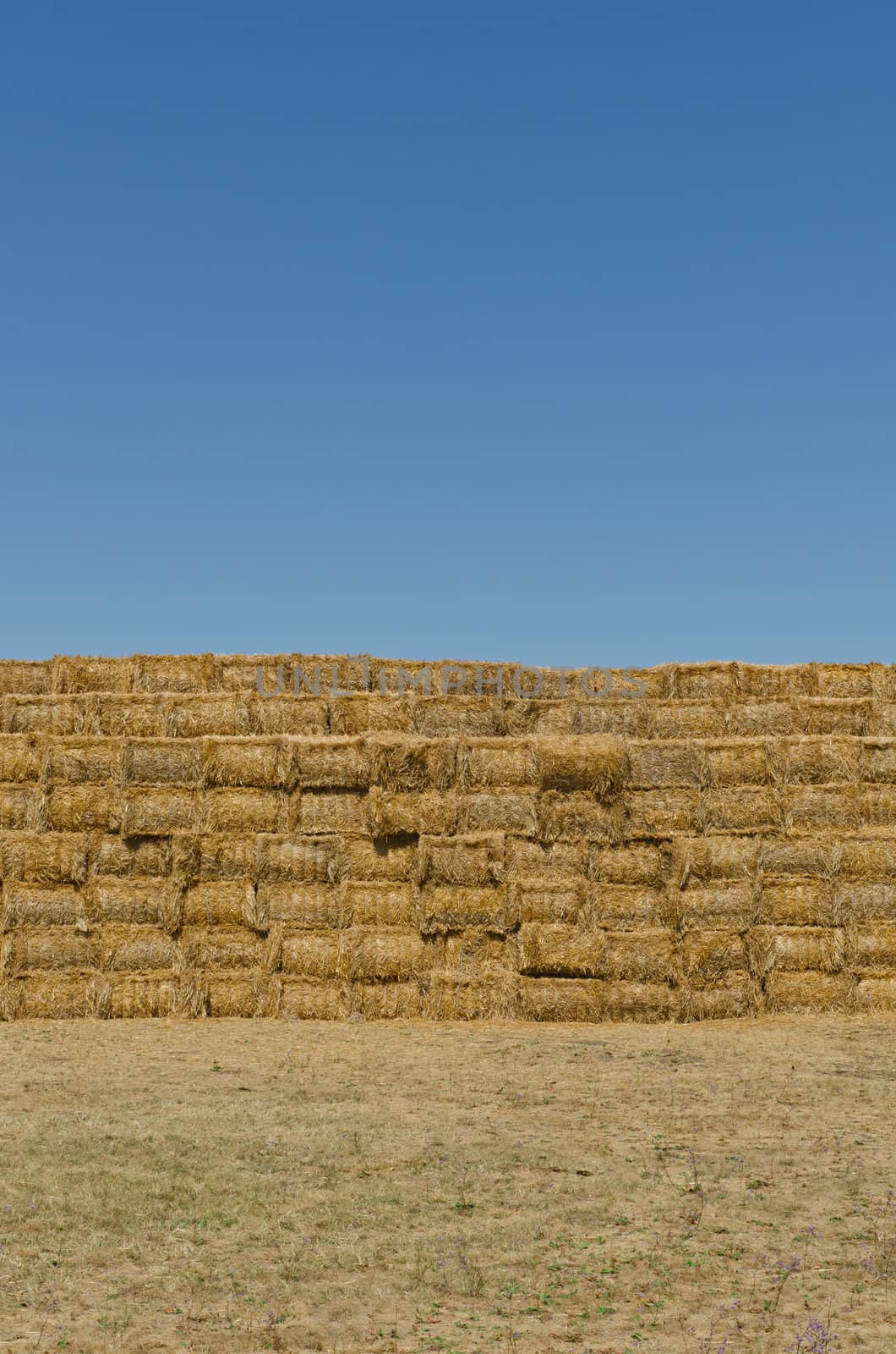 a stack of hay bales, vertical shot