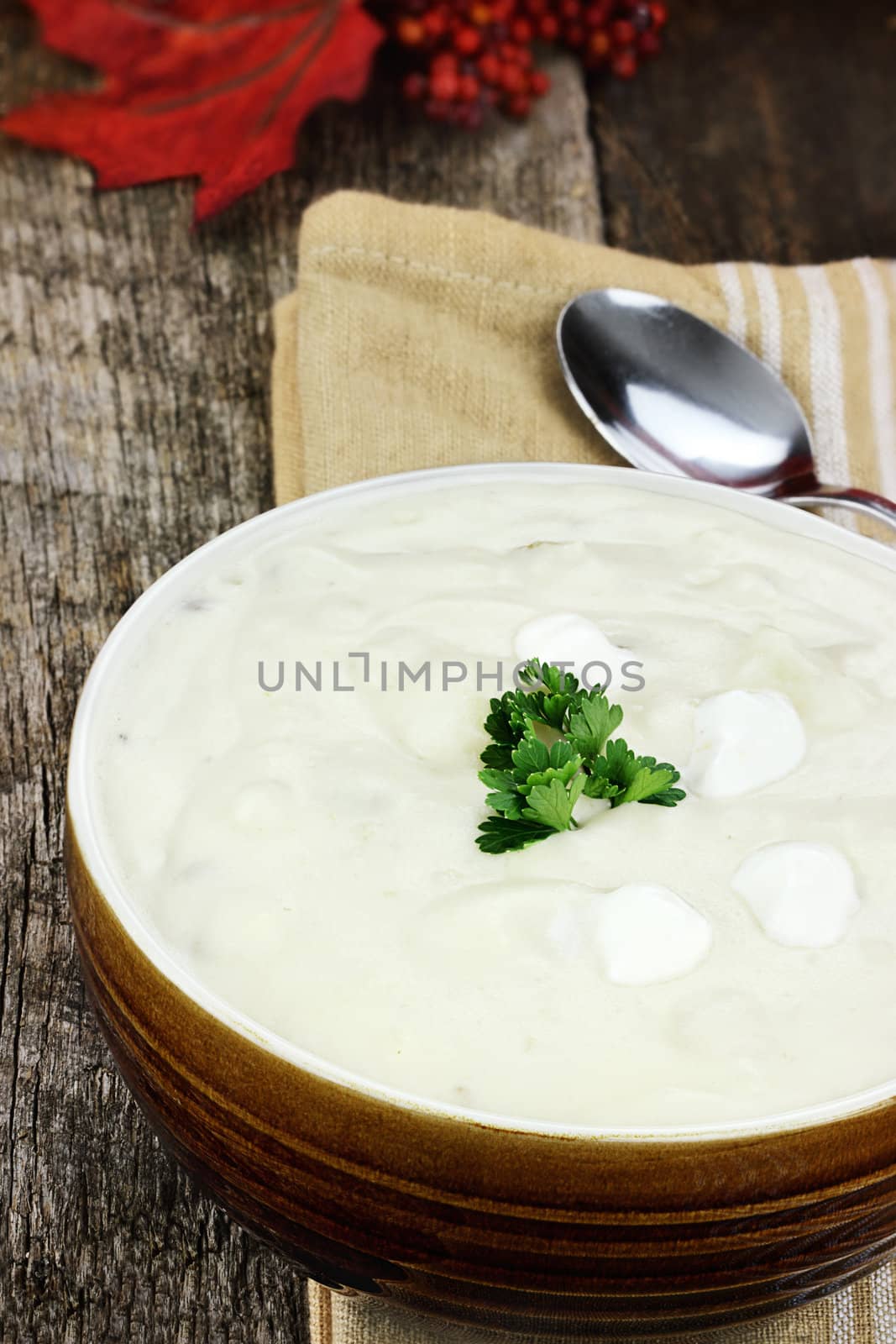 Creamy potato soup garnished with fresh parsley leaves.
